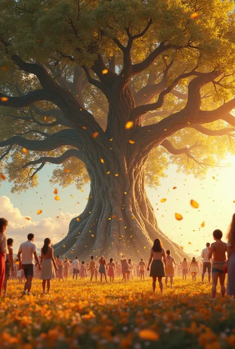 A giant, ancient tree stands at the center, its branches stretching toward the brilliant sky. People of all ages and backgrounds gather around it, smiling, dancing, and celebrating life. Golden petals float through the air, creating a visually stunning spe...