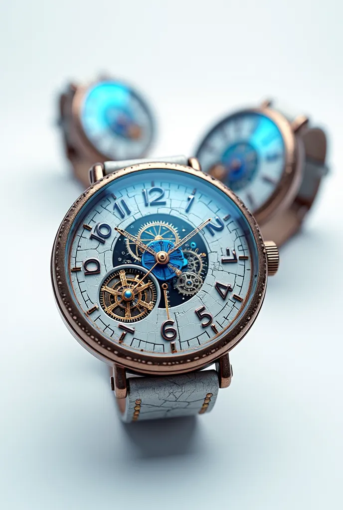 Miscellaneous minimalist steampunk watches floating on pure white background. Each watch has:

Exposed mechanism with rusted gold gears and steel needles in position 11:11.

Shiny Arabic numerals in blue neon, surrounded by a cracked porcelain texture.

bi...