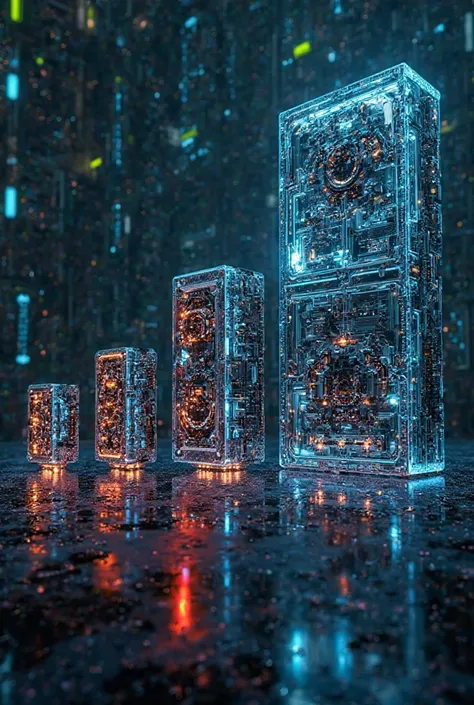 A futuristic evolution of NVIDIA RTX GPUs, starting from RTX 5090 and growing into massive, ultra-advanced AI-driven graphics processors. Each stage of evolution showcases a larger, more intricate design, glowing cybernetic elements, ultra-thin graphene la...