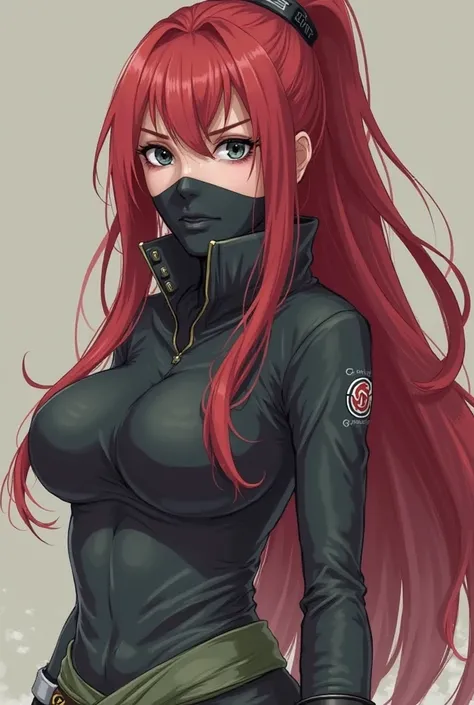 she is a woman with long red hair, she is very powerful she has black eyes and big curves, She has bandages around her waist, hands and feet and a ninja band from the village of the leaf and covers her face like Kakashi Sensei