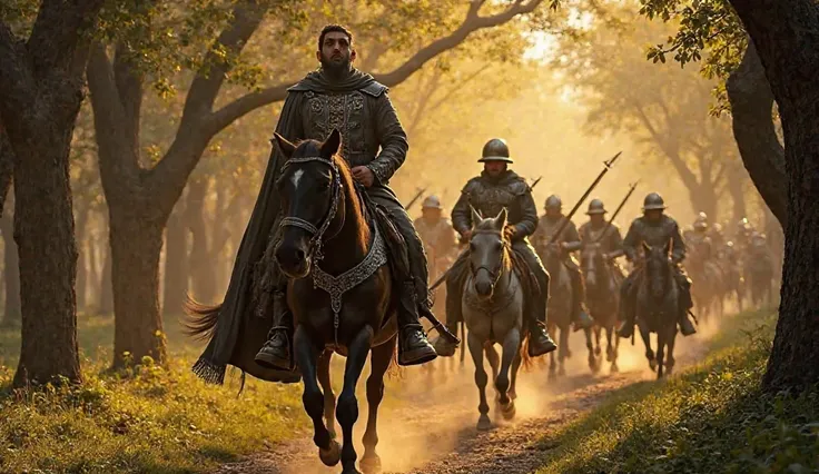 Sultan Malik Shah, wearing a warrior's outfit, riding a strong black horse in an ancient Persian forest. His soldiers, armed with swords and shields, follow behind. The dense forest is filled with towering trees, and golden sunlight filters through the lea...