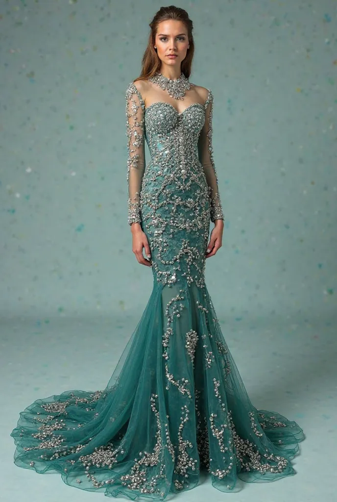 . Design Name: "Bint Al-Bahr Mermaid Gown"**  
**Inspiration**: The Arabian Sea’s pearl-diving heritage and marine life.  
**Silhouette**: Mermaid-cut gown with a high neckline, long sleeves, and a fishtail skirt.  
**Materials**:  
- **Iridescent silk dup...