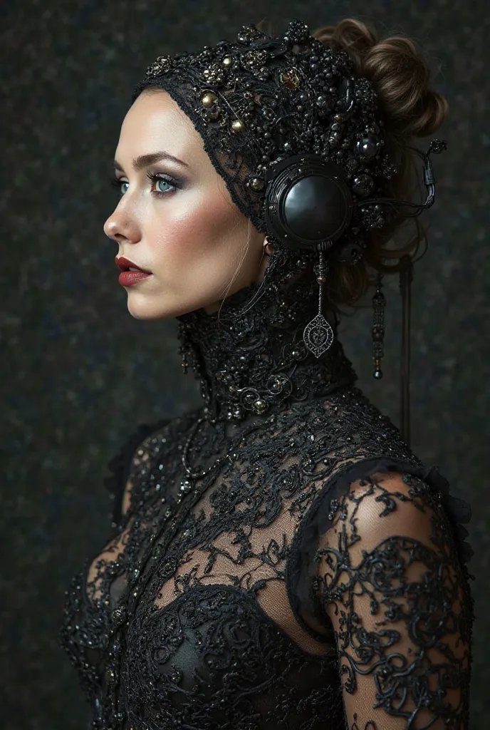 A strikingly elegant figure in a neo-Victorian era, their memory manipulation device gleaming with futuristic technology. This photograph captures their intricate costume in stunning detail, the high contrast highlighting the intricate lace patterns and me...