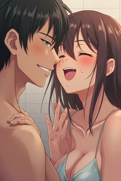 Nsfw, anime, Close-up of a man's hand, fingers immersed in the girl's vagina. Drops of lubricant on the skin. background:  shower room, couple. Emotions: man's happy smile, girl's half-closed eyes