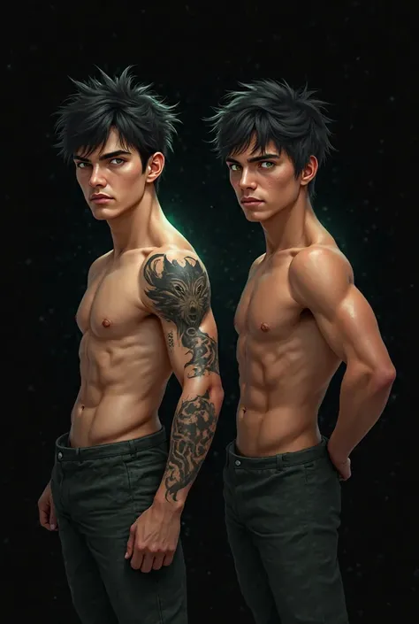 DIGITAL PAINTING The image shows two young and athletic men with wide backs, of a strong and determined appearance. Both have a bare torso, showing his defined muscles.

The warrior on the left has messy black hair, with an intense expression and penetrati...