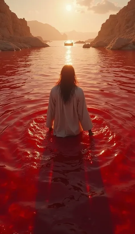 An ultra-realistic point-of-view (POV) style image, capturing the first-person perspective of someone who lived during the time of Moses in Egypt. The setting is in the sea in blood red color and the character has his hands in the water