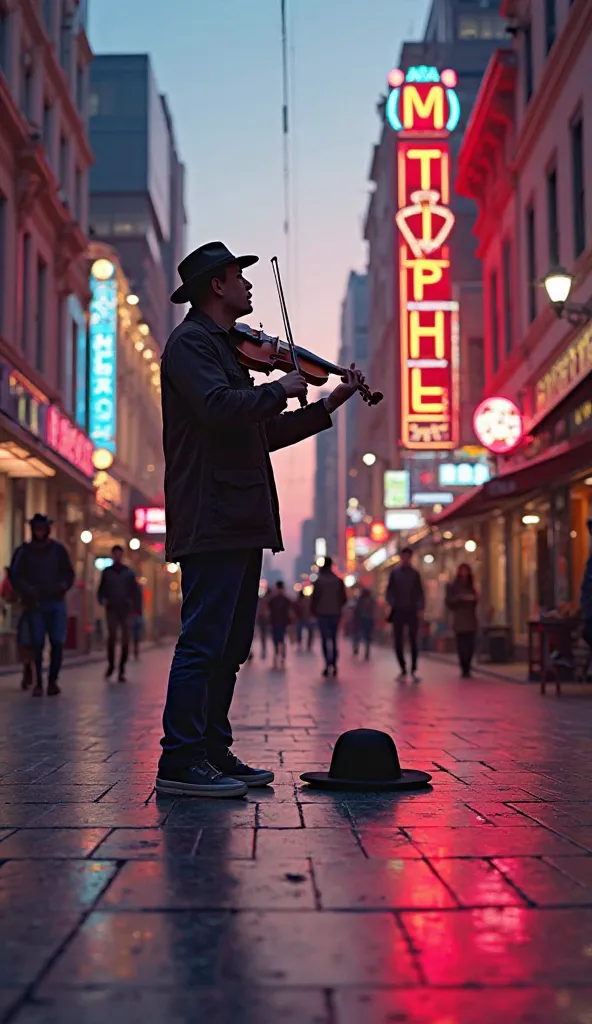 A  stands in a pedestrian zone with a violin in his hand and sings. There is a hat on the ground with some money in it n it Neon reflections dance on the contrasting silhouettes, enhanced by a , strategically placed in a clear sky with fading sunset tones,...