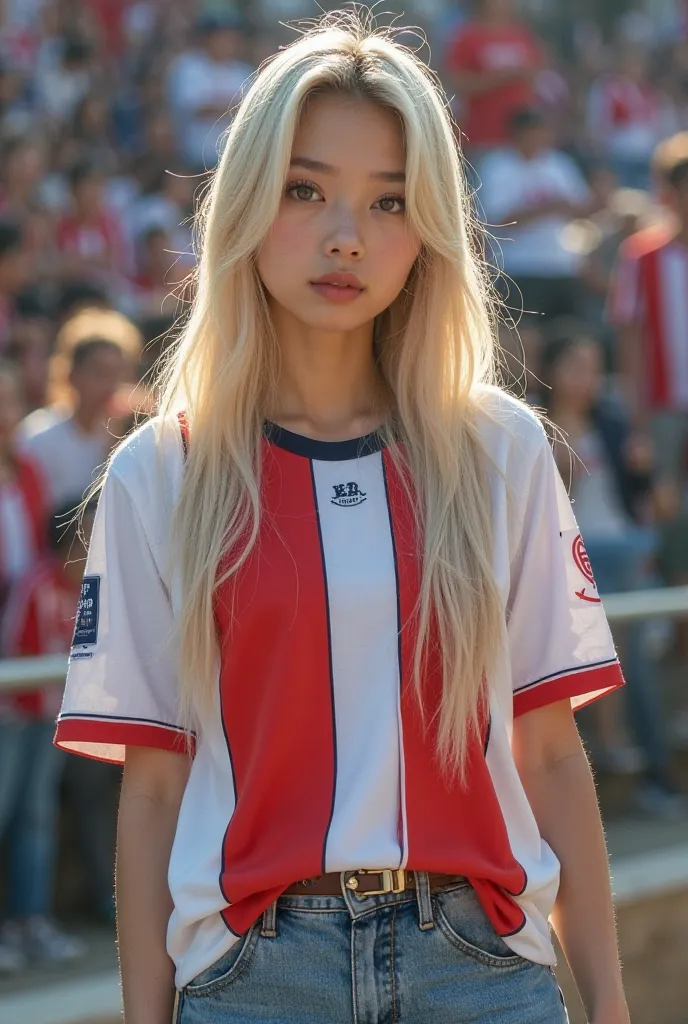 Korean young woman,Kim,super extra long light blonde hair,smoky gray eyes,make-up,long black eyeliner,she had,ulzzang,piercing, in a soccer stadium during a local game with a lot of enthusiastic audience, he wears oversized jeans and a Barranquilla junior ...