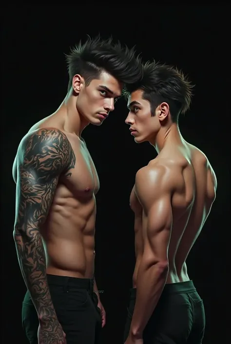 DIGITAL PAINTING The image shows two young and athletic men with wide backs, of a strong and determined appearance. Both have a bare torso, showing his defined muscles.

The man on the left is very attractive and sexy and has messy black hair, design with ...