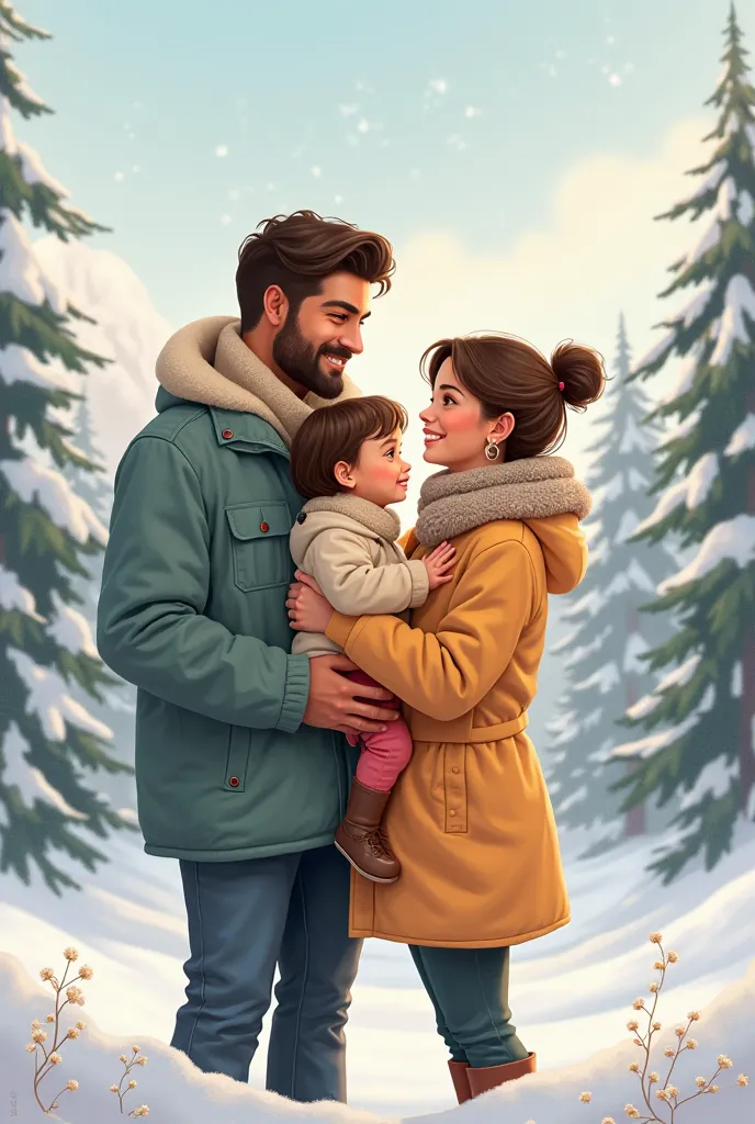 cartoon of an adult couple looking forward to. Adult couple in Chile in snow with a  girl in their arms short hair. Claro brown men and women
