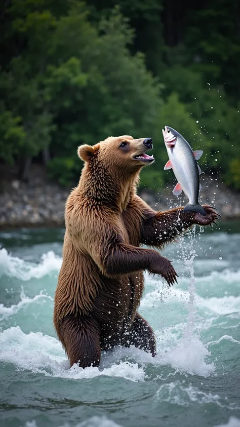 1. "A grizzly bear standing in a rushing river, catching a salmon mid-air with water splashing around. Shot with a zoom lens (200-600mm, f/5.6) to capture dynamic action and crisp details. 16:9 cinematic framing."