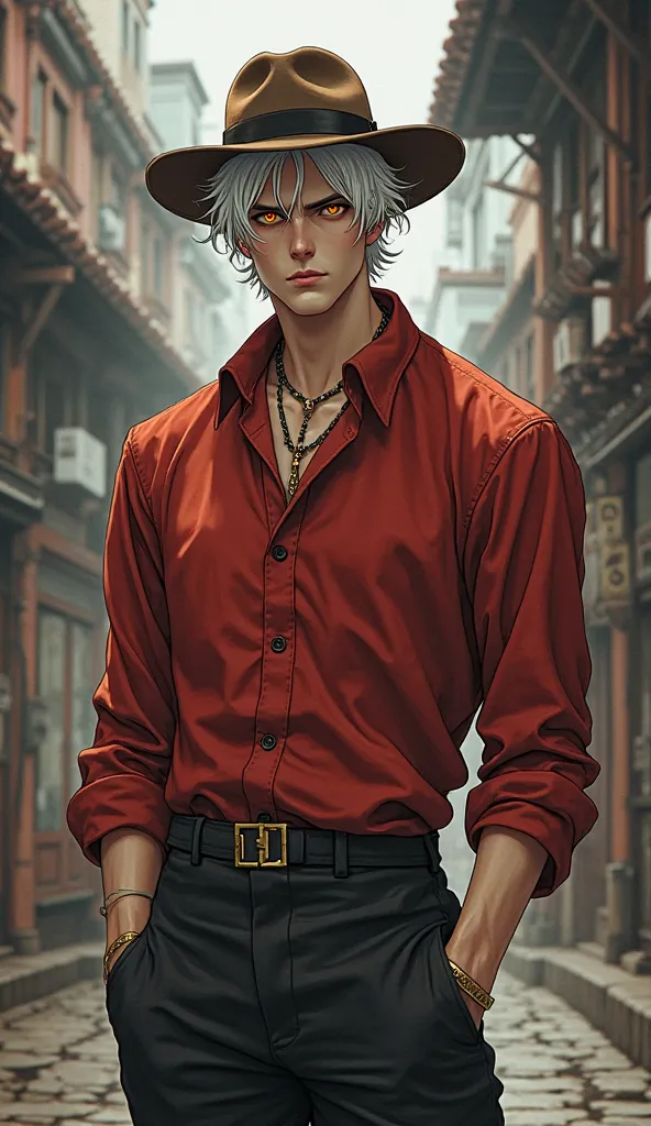 adult male, age 30, white hair, dull orange eyes, pen necklace, tall, lanky, black pants, red button up shirt, brown hat, anime