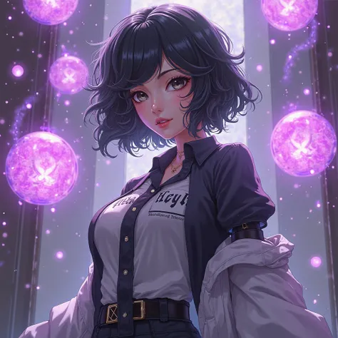  anime girl , 25 years, black eyes, medium black and frizzy hair, with black and white clothes with the name Keyla on the shirt, Purple magic balls wrapped around the girl, 