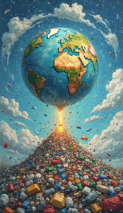 topic: Take care of nature
location : 
1.The earth at the top of the sheet of paper glows and rules over the garbage
2. garbage is from the bottom of a sheet of paper and has been destroyed by earth and cleanliness advocates
3. everything in the bright col...