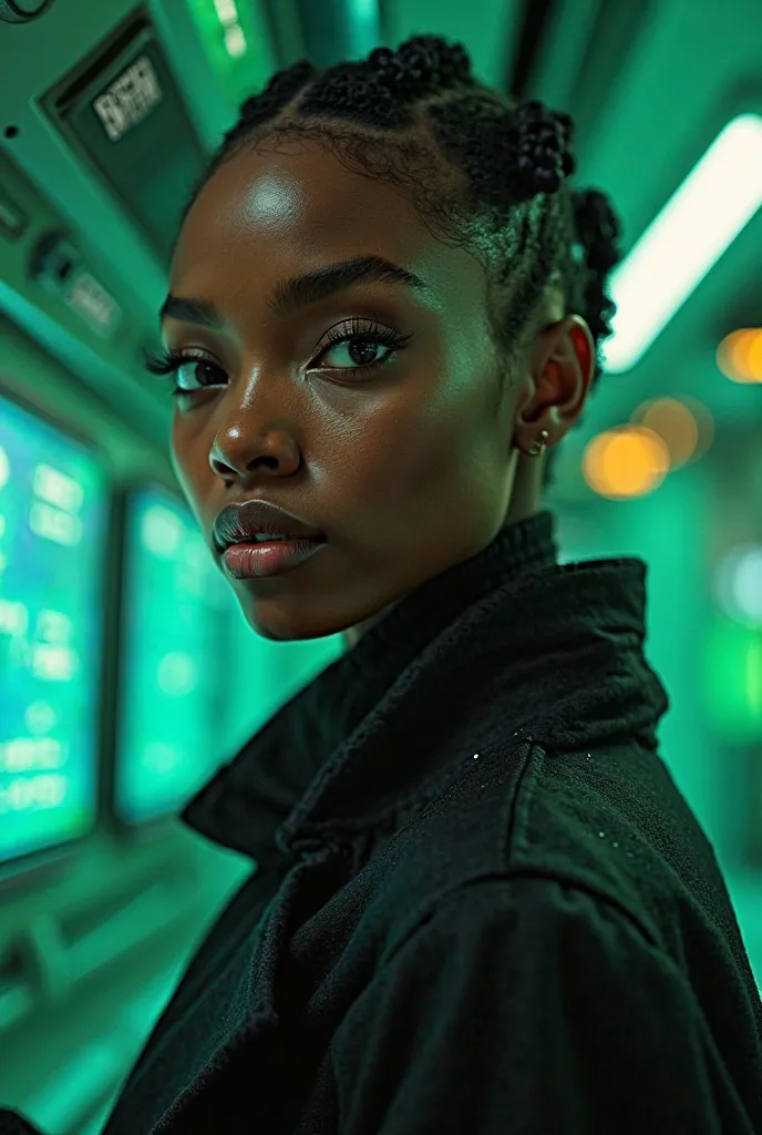 photorealistic, 16k,  High-resolution textures , close-up of the face of a black girl against the background of a cyber lab in green tones, she is wearing a tight classic black coat