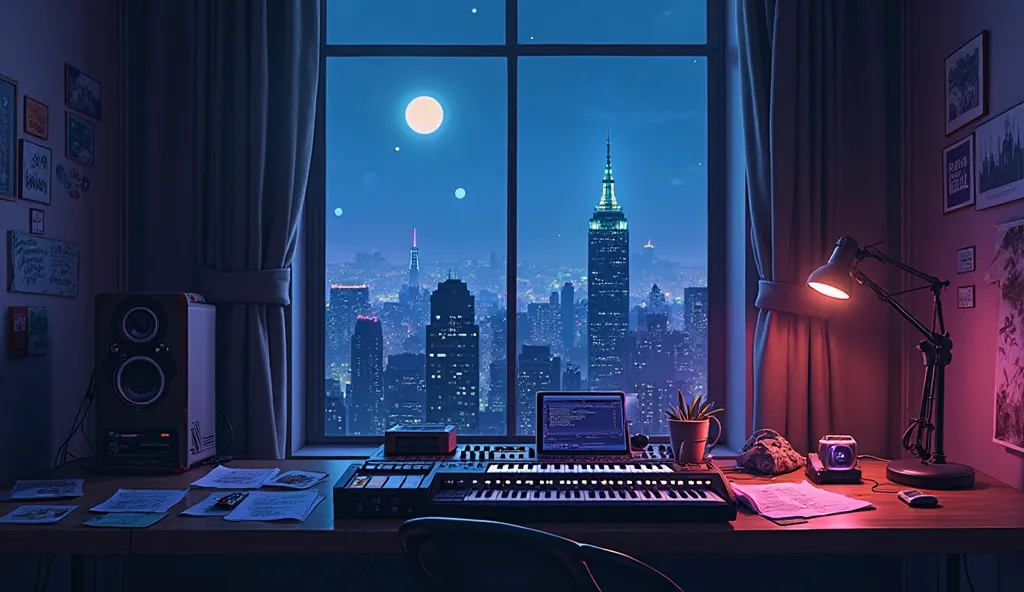 A dark, atmospheric music studio with a moody, futuristic vibe, viewed from a slightly high angle, looking towards a large window with a hazy city skyline at night. The room is dimly lit with deep blue and purple neon accents, creating a surreal, dreamlike...