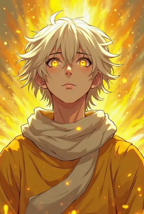 Make this yellow white-haired character, glowing golden eyes, yellow robes and some white details around them, with a white scarf around her neck, In the style of this man looking up with an expression of despair as if he were lost or being fragmented