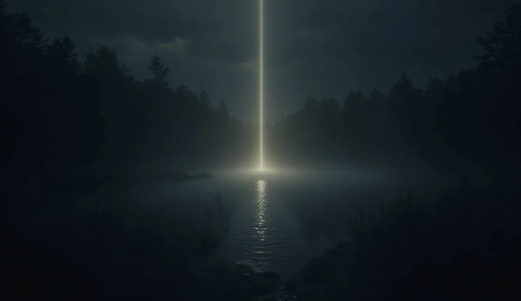 image of a totally dark lake with a light beam