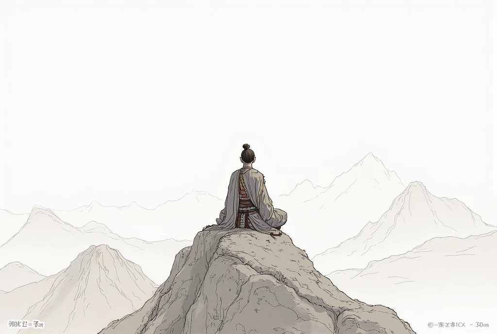 A warrior sitting on summit and sitting patiently novel sketch with white background in ancient style