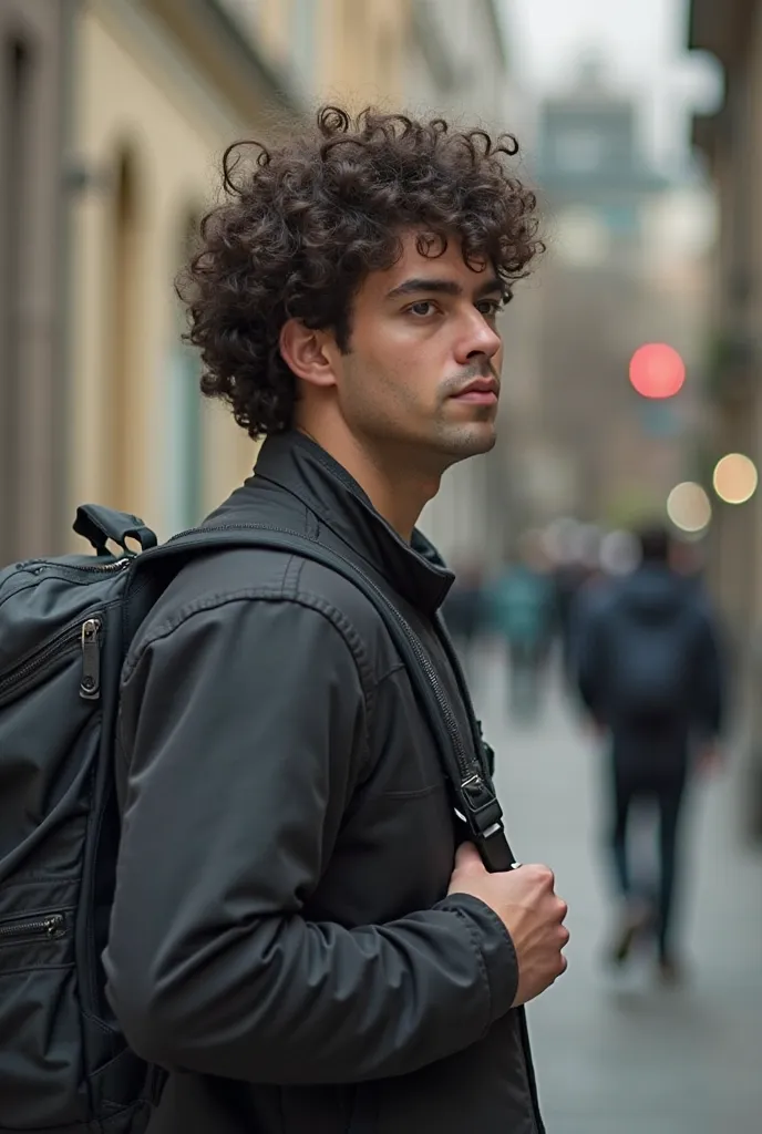 A man with dark and curly hair carrying a backpack 