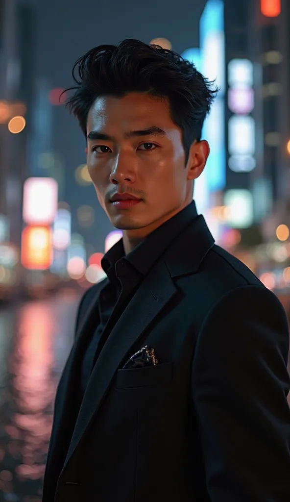 handsome face from korea idol man more handsome, wearing a totally black suit,  background financial night light city 