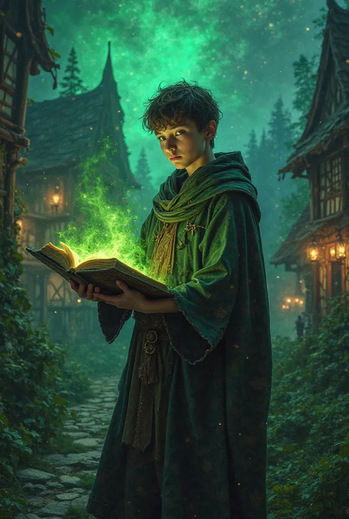 A young wizard named Elyas in a medieval village, holding an ancient glowing grimoire with green magic emanating from the book. The village is nestled on the edge of an enchanted forest, with an eerie green light illuminating the night sky. The atmosphere ...