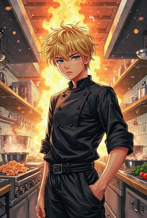 Make a manga cover with a blond chef boy in a black chef jacket and the manga title is: The Chef