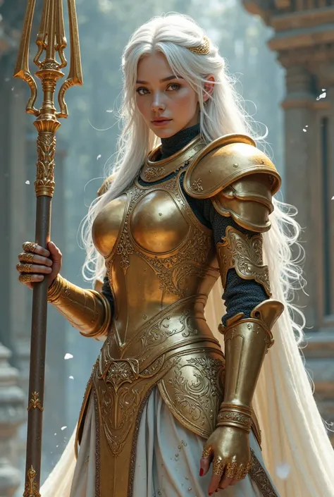 create a super realistic image, high quality uhd 8K, of an 18 year old woman, realistically detailed, full body, ((slim body, beautiful highly detailed)), (tall model), long wavy white large hair, highly detailed realistic skin, ((female knight fantasy, we...