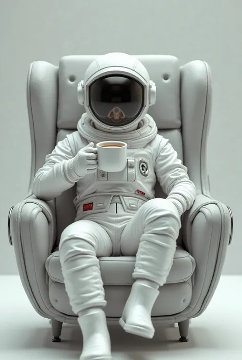 A man wearing a spacesuit sitting on a chair and drinking coffee