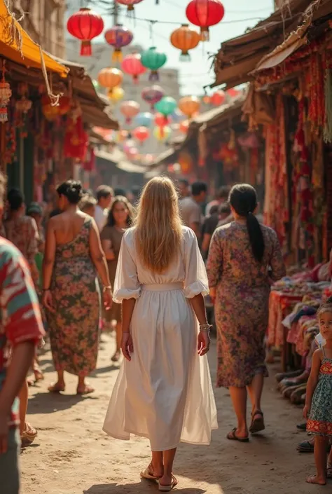 Nald Trump wears loose-fitting white dresses with the warm colors of the surrounding market stalls, decorated with vibrant textiles. People pass noisily, engaging in a lively conversation, while colorful lanterns hang at the top to illuminate the vital sce...