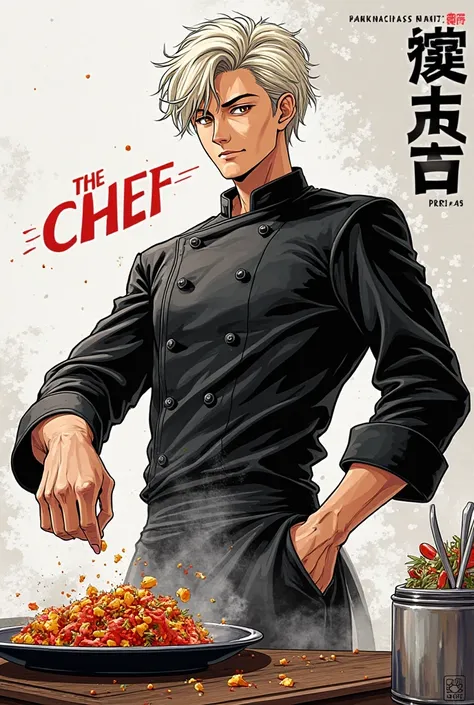 Make a manga cover with a withe blond chef boy in a black chef jacket and the manga title is: The Chef