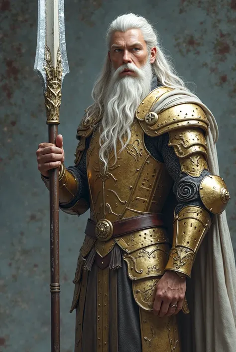 creaye a super realistic image, high quality uhd 8K, of an 18 year old man, realistically detailed, full body, ((slim body, muscular highly detailed)), (tall model), long wavy white large hair and beard, highly detailed realistic skin, ((male knight fantas...