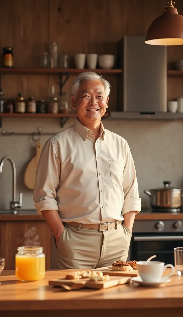 Chinese male character appears with friendly smile, standing in the kitchen with a jar of honey and cup of warm water.