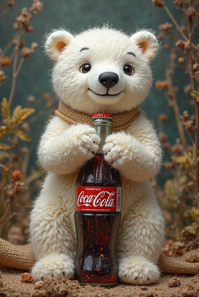 Polar bear made up pf embroidery holding coca cola bottle on jute bag