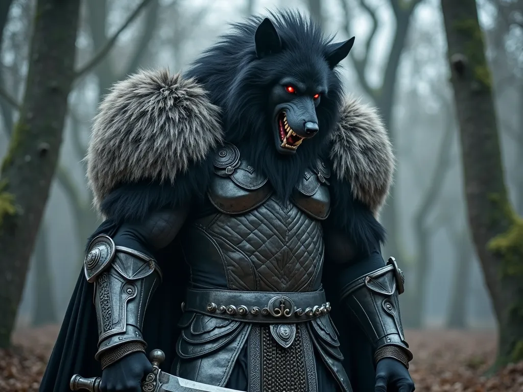 A gigantic extremely muscular yet heavy set and fearless  black werewolf with extremely long and messy black hair, with red glowing eyes, with long pointed ears, dressed as a heavily armored fierce medieval king, wearing a full bodied black chaimail, weari...