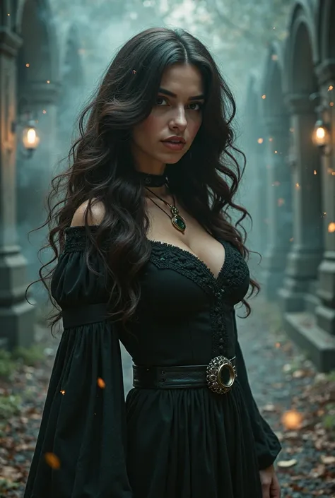 A curvaceous woman with long dark brown hair. A witch from the Harry Potter universe. 