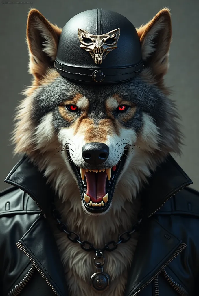 Close-up de um lobo siberiano, with an angry face,  showing teeth , with red eyes, wearing black leather jacket, wearing a black biker helmet with a wolf skull drawn on the helmet.