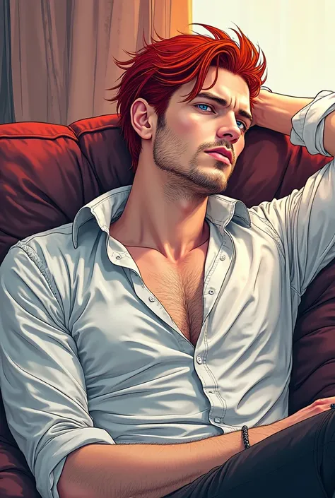 Hot handsome vampire with short Red hair and beard relaxing on sofa wearing white shirt his head behind his head colored line art clean 