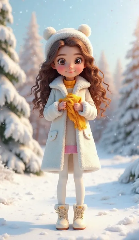  pretty , cartoon, , a pretty girl with curly long hair, in a white unbuttoned coat, white pants and white boots, , you can see a yellow sweater,  in her hands, with beautiful fluffy snowy trees in the background, 3d