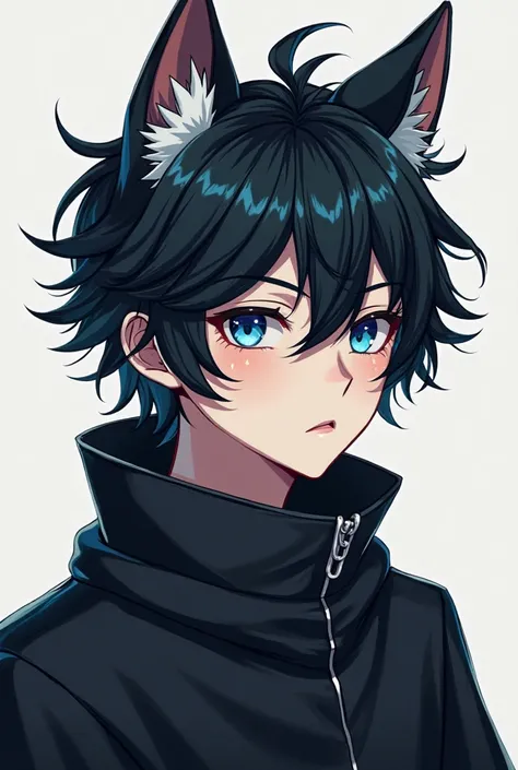 A male teenager with cat ears and blue eyes,with black hair and black coat, in anime style 