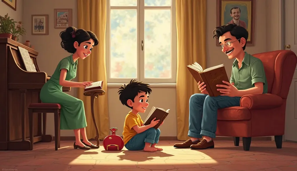 "An illustration in the Pixar Cartoon style depicting a cozy scene from a house in Rio de Janeiro from the years 1940.  in the center, Little Chico Buarque, about  , sitting on the floor with a book in his hands and a toy guitar next to. Your mother is pla...