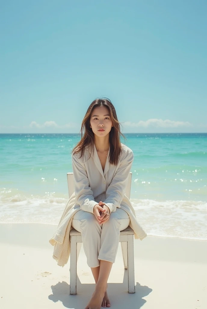 Make a  looking at the camera sitting on a white chair alone on the beach realistic style 