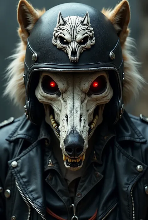 Close-up of a Siberian wolf skull, with an angry face,  showing teeth , with red eyes, wearing black leather jacket, wearing black biker helmet with a wolf skull drawn on the helmet.