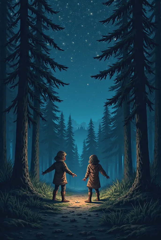 Create images
The background: dark and dense forest, perspective with an open night sky and starry sky.
 Characters : characters 2, alone was standing on the left side with her legs spread apart, held out his arms and looked in horror at the painted hands,...