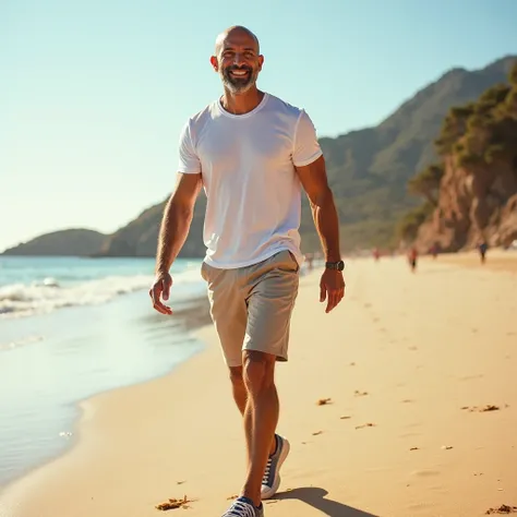 photograph, full-body shot of a young men, little fat, bald, with a short beard, walking towards the viewer in the beach, happy scene bright, luminous, taken with a Hasselblad and 50mm f1,2 Lifestyle