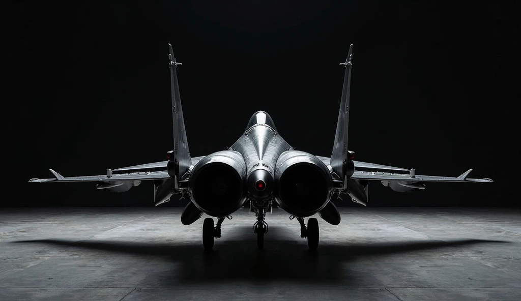 A back view of Mikoyan-Gurevich MiG-21 fighter jet vibrant black park in white luxury warehouse.