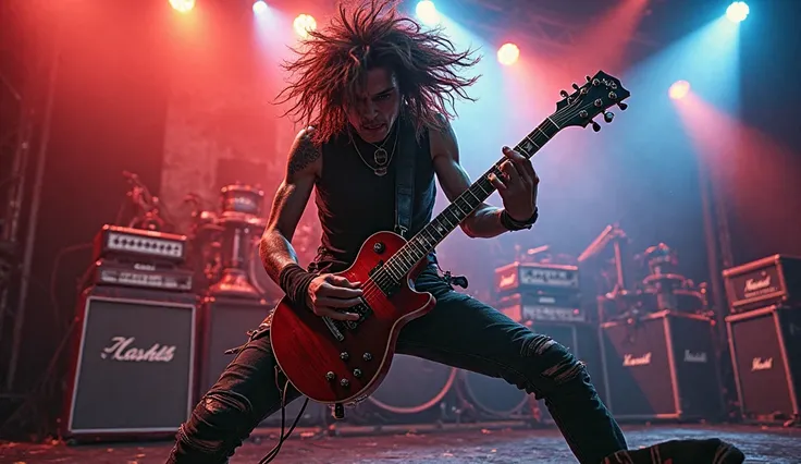 full punk-rock stage mode:
The guitarist swings his instrument wildly.