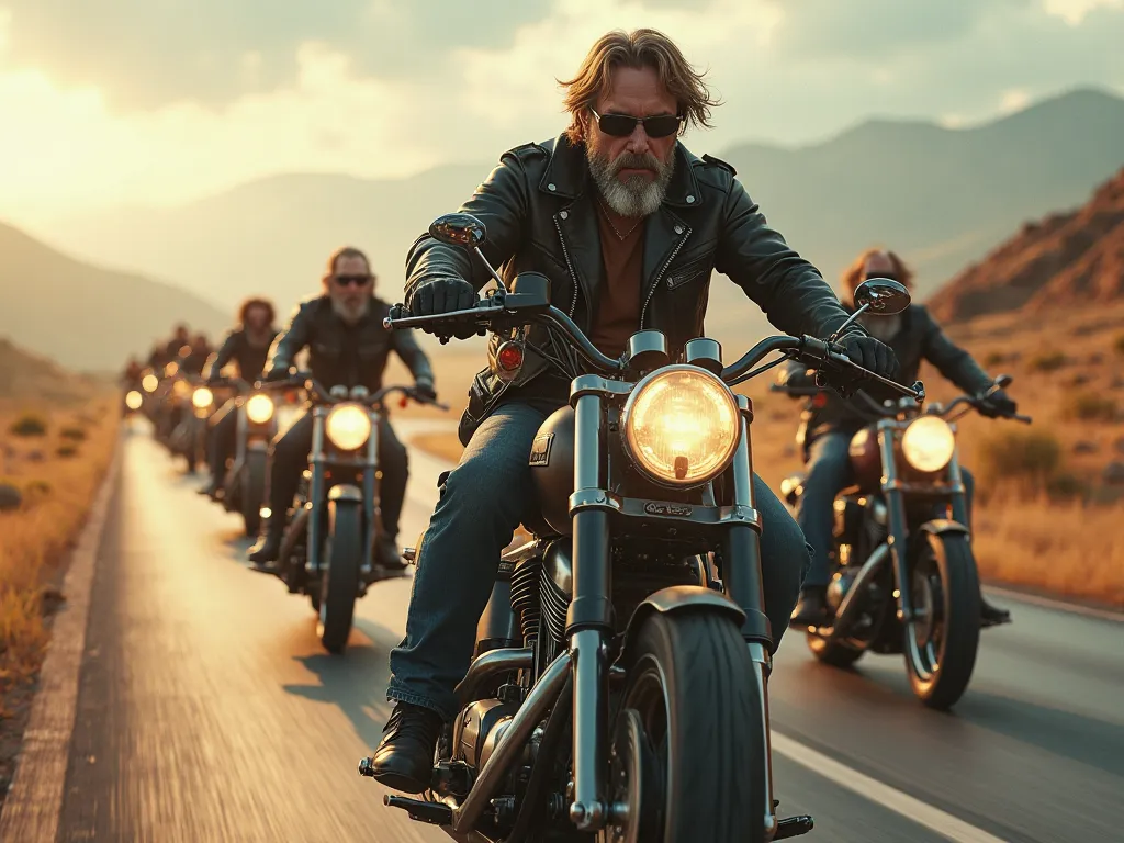 SEVERAL ROCKER MOTORCYCLES, RIDING MOTORCYCLES, ON A ROAD SOME ARE HOLDING GUNS, SOME BEARDED, SOME BALD AND WEARING SUNGLASSES (EPIC SCENE, CINEMA STYLE)