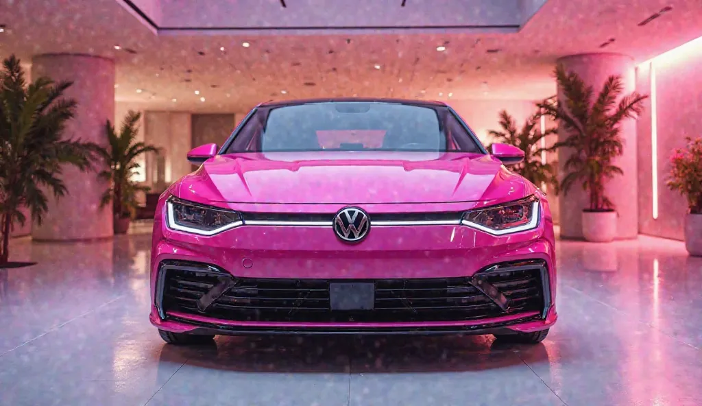 IA captivating image of a (2025 Volkswagen Jetta) taking center stage in a luxurious , showroom. The futuristic, vibrant ( pink)exterior gleams, showcasing its sleek, aerody namic design and bold accents. The full front highlights the cutting-edge innovati...