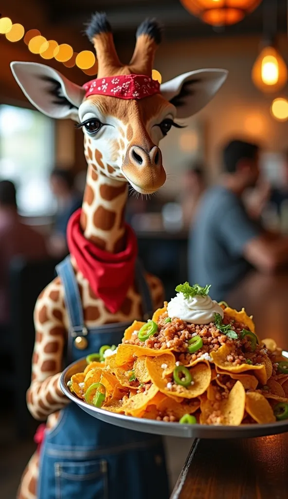 Giraffe (Nacho Server)
An affable giraffe in a red bandana and a denim apron stretches her long neck over the counter, offering a tray piled high with loaded nachos. Crispy tortilla chips peek through melted cheese, jalapeños, and dollops of sour cream. He...